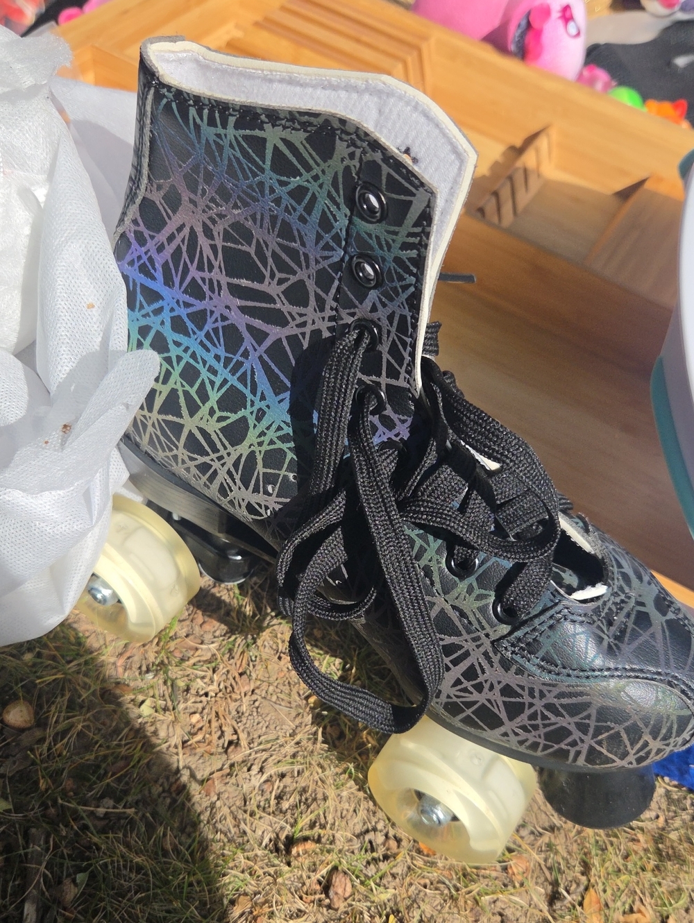 Adult Roller Skates- Black with Holographic Scribble Design and light up wheels.